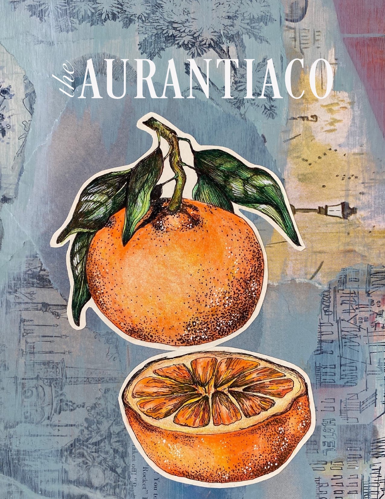 The Aurantiaco 2023 cover with an illustrated orange and orange half on a blue collage
