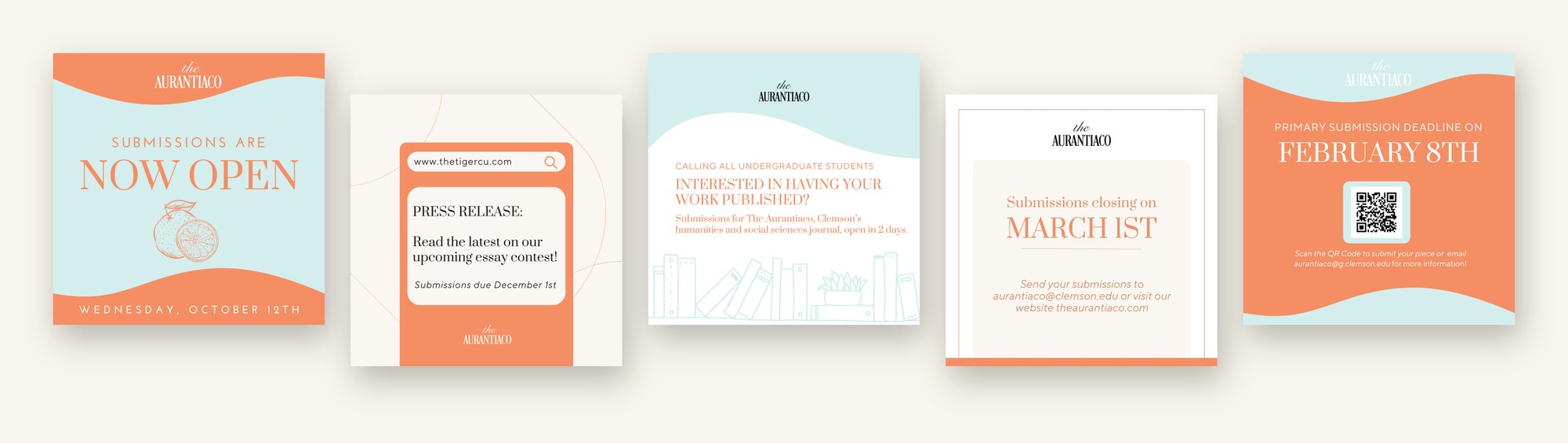 Five Aurantiaco social graphics announcing submissions and deadlines