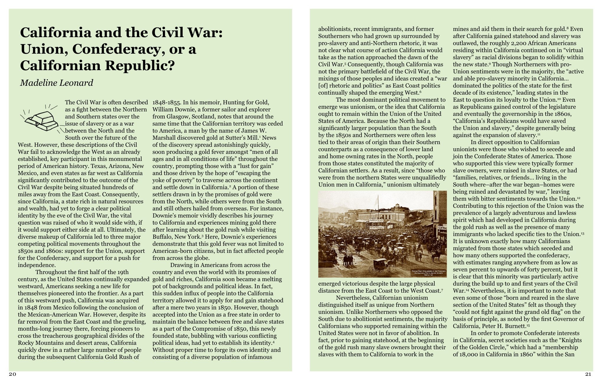 2024 California and the Civil War article spread on a pale green page