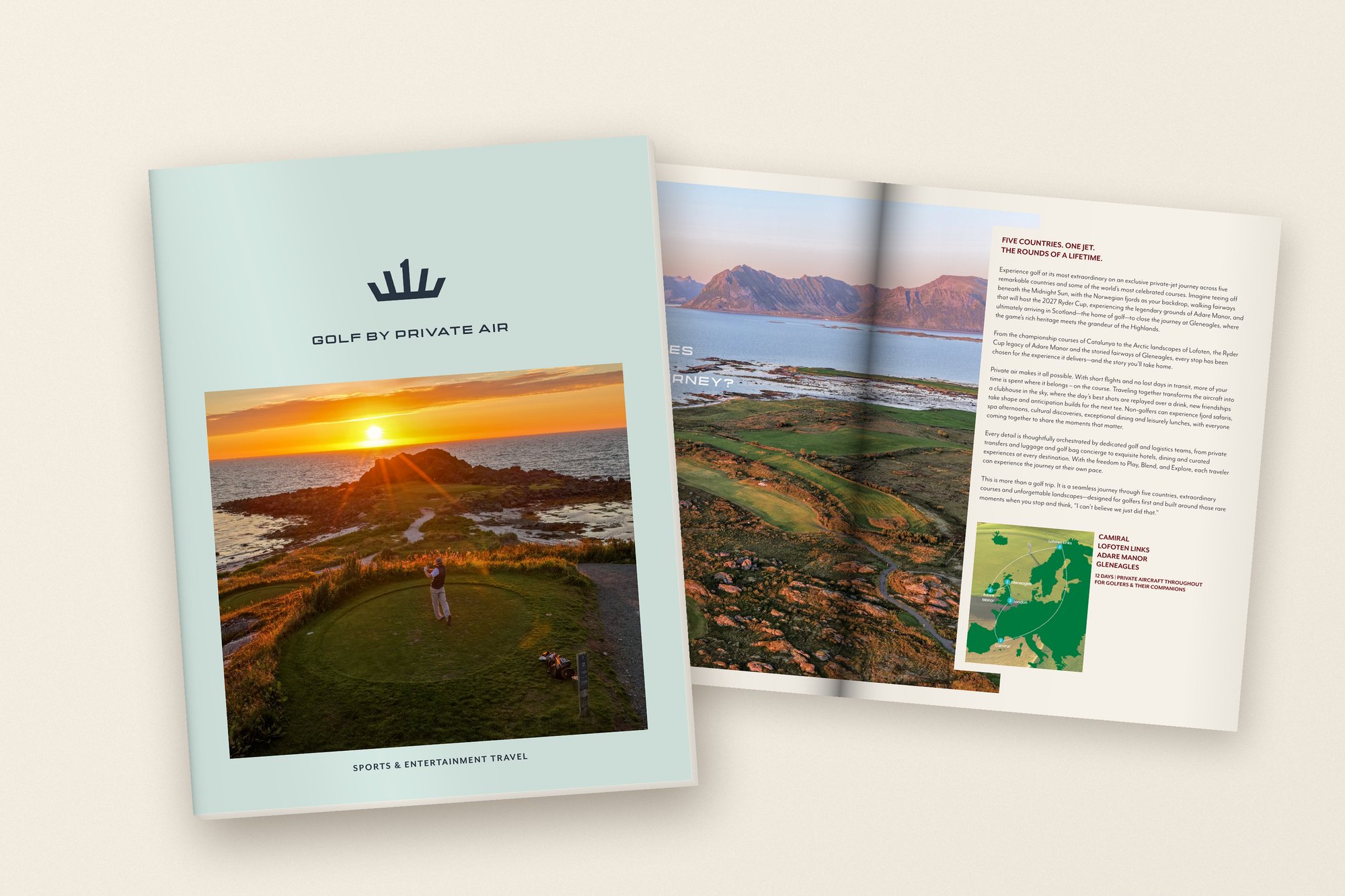Golf by Private Air catalog cover with the opening spread fanned behind it