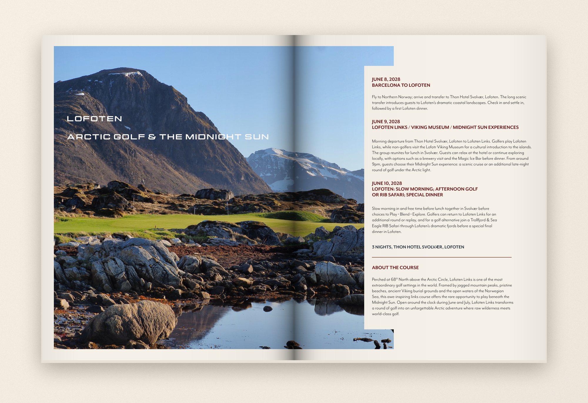 Lofoten destination spread with a full-bleed mountain and links course photo beside the day-by-day itinerary