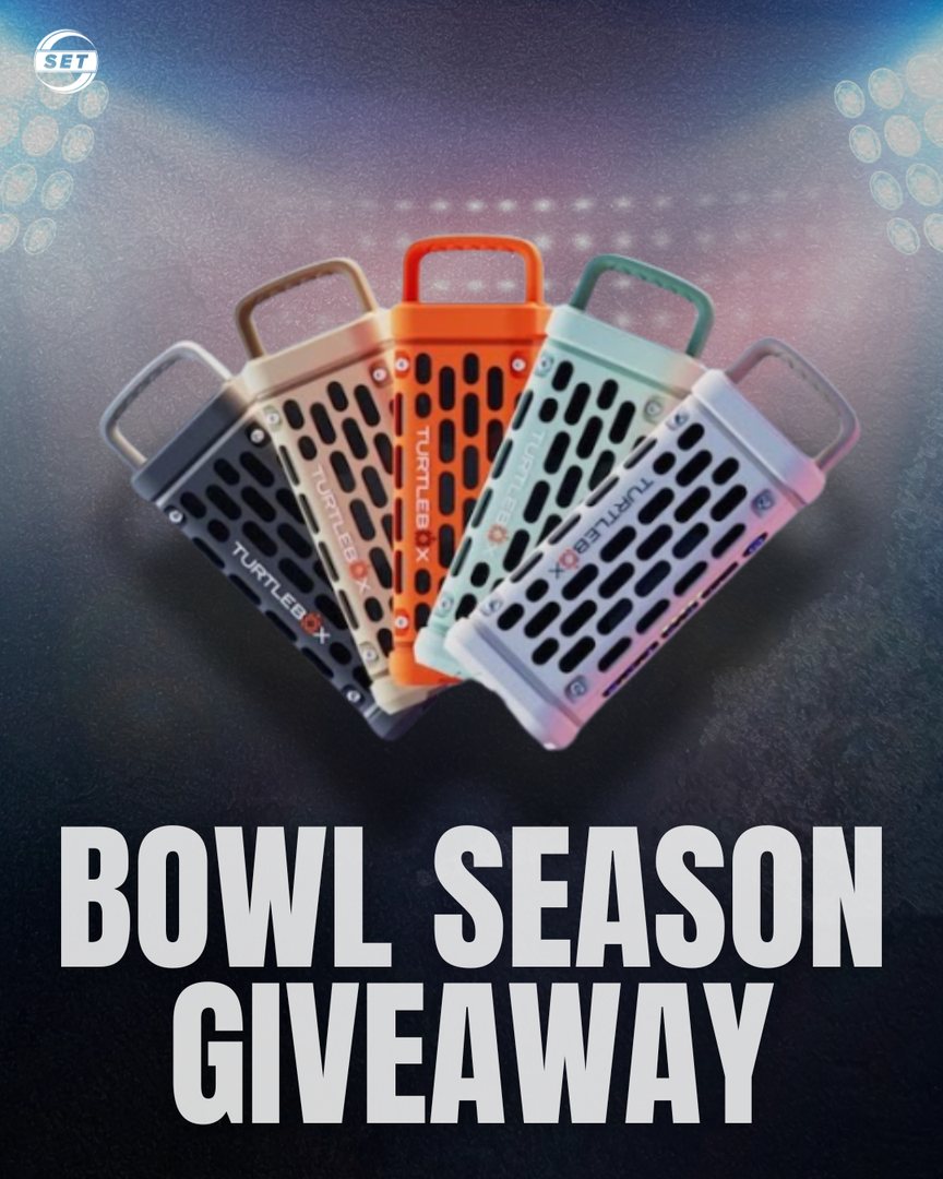 Bowl Season giveaway graphic with five TurtleBox speakers fanned out under stadium lights