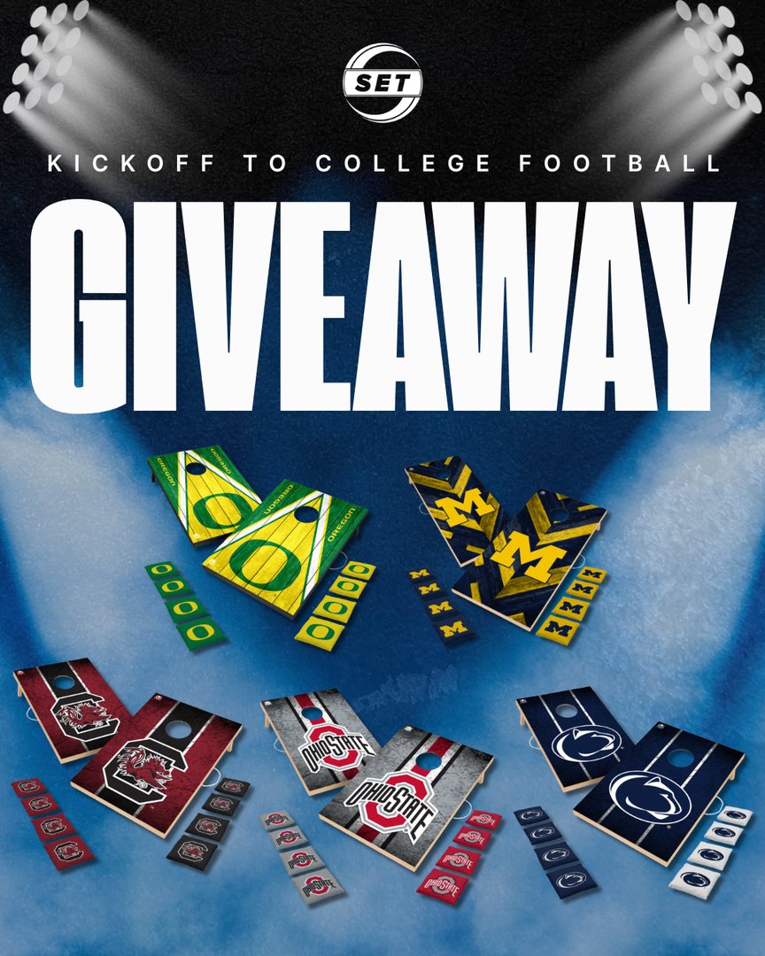Kickoff to College Football giveaway graphic with five pairs of college cornhole boards under stadium lights
