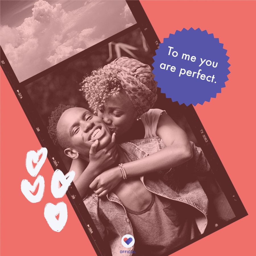 Couple photo in a film strip with a badge