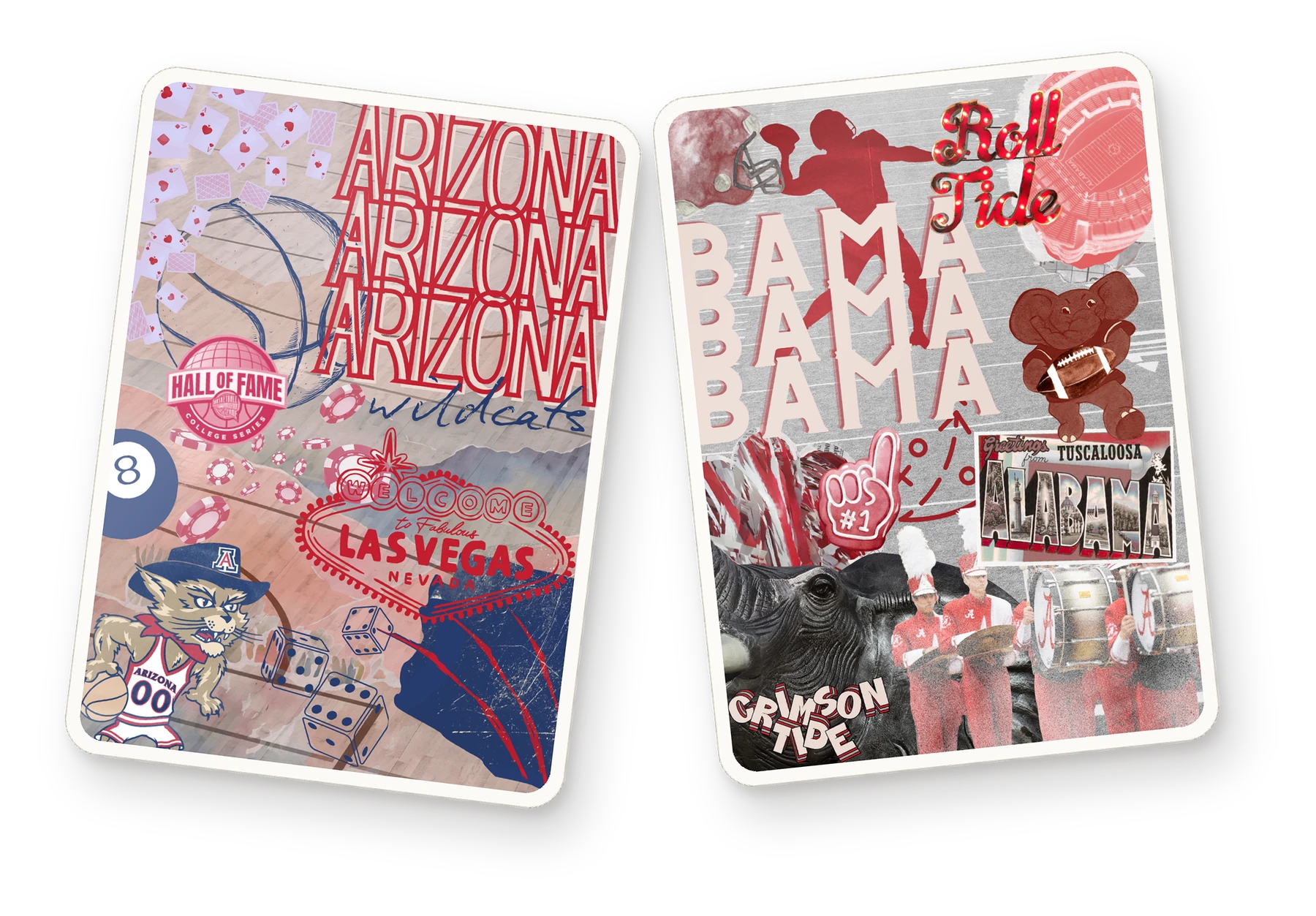 Two playing card designs, one for Arizona with Wildcats and Las Vegas artwork and one for Alabama with Roll Tide and marching band artwork