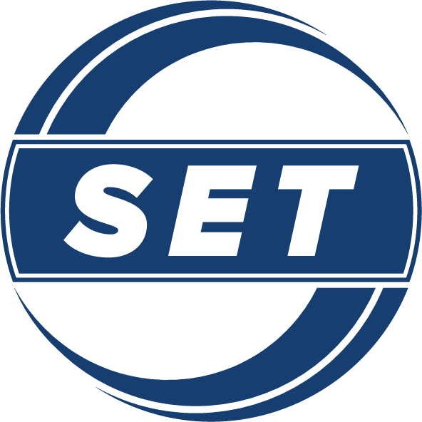 Original SET logo, a blue circle with italic SET lettering