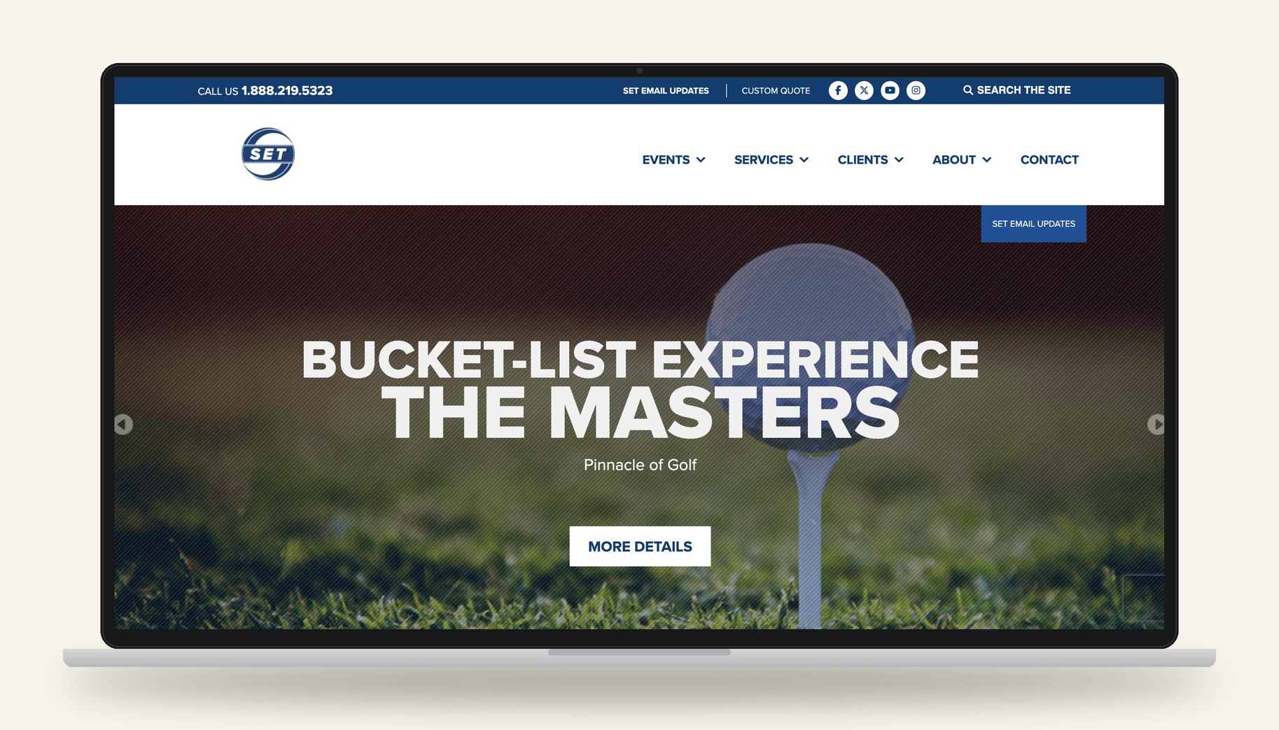 Original SET website homepage on a laptop, with a blue navigation bar and a Masters golf hero