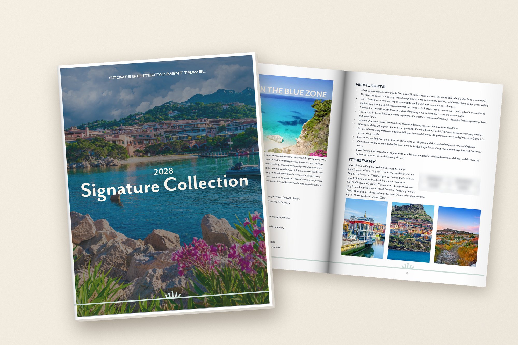 2028 Signature Collection catalog cover with the Sardinia spread fanned behind it