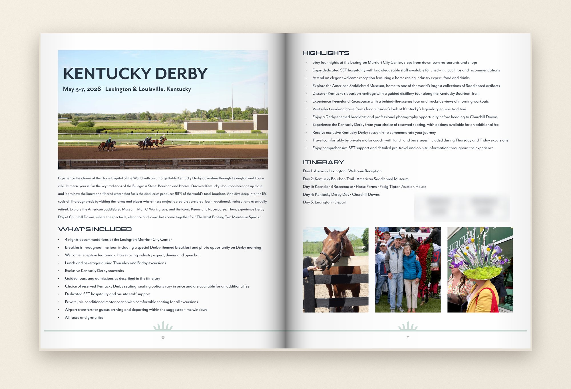Kentucky Derby spread with a racecourse hero image, highlights, itinerary and photo strip